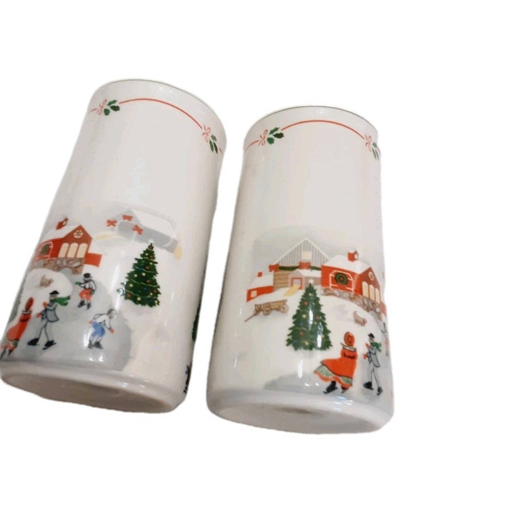 Vintage Sango Silent Night Salt & Pepper Set Holiday Christmas Snow Scene 4 Inch